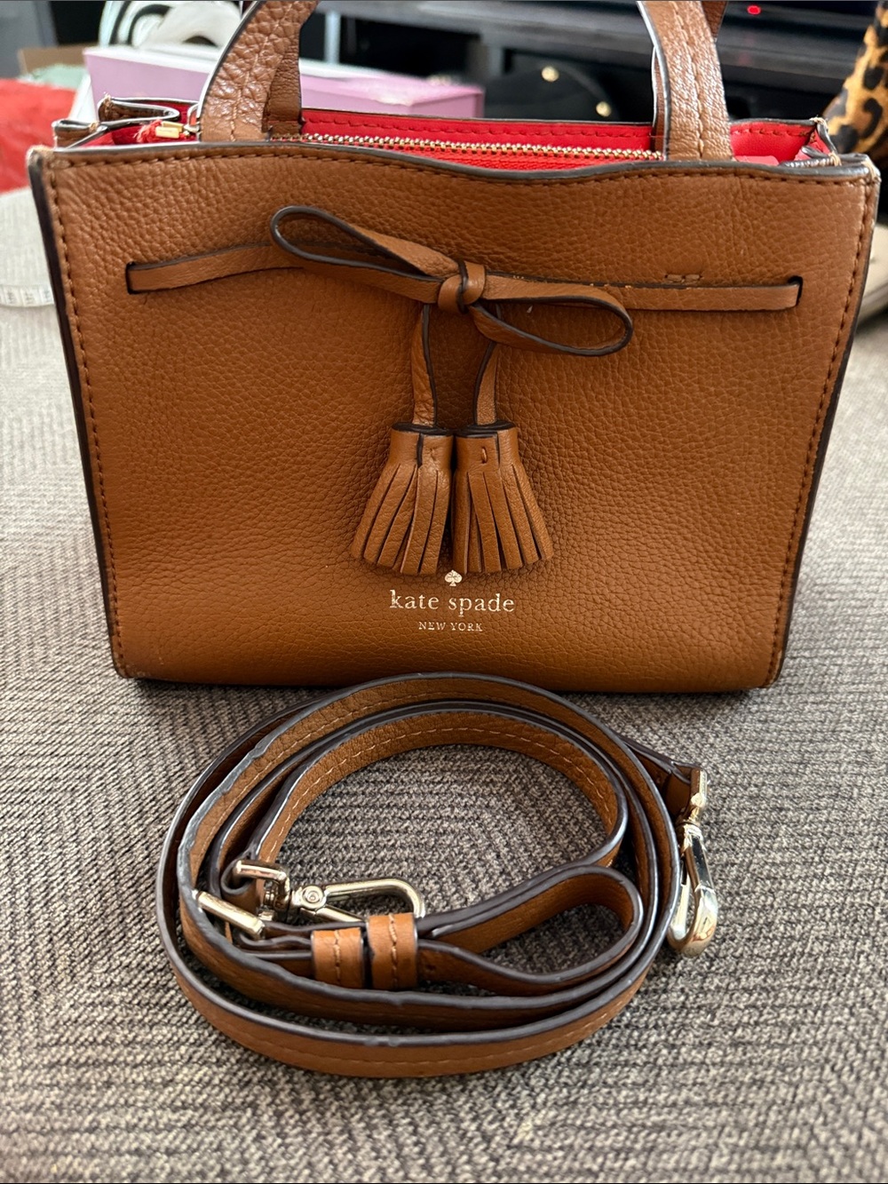 kate spade Tan Leather Crossbody with Tassel Bow & adjustable strap